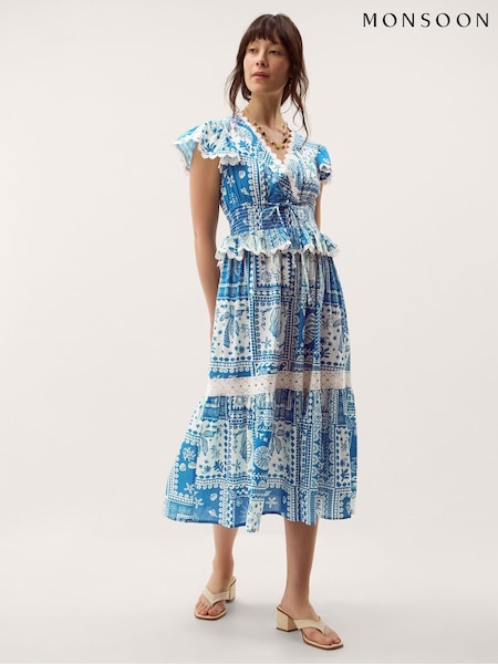 Blue - Monsoon Soleil Print V-neck Flutter Sleeve Cotton Midi Dress