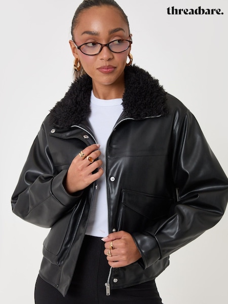 Negro - Threadbare Faux Leather Fur Collar Jacket
