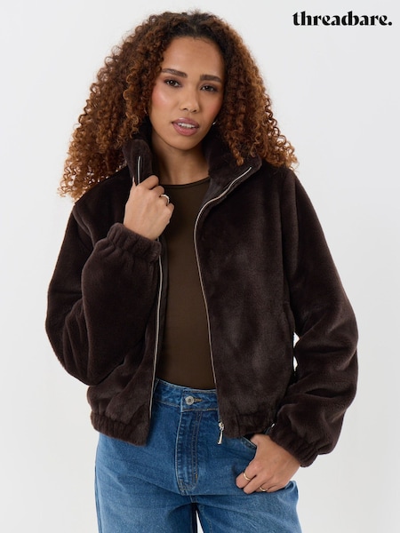Brown - Threadbare Faux Fur Bomber Jacket