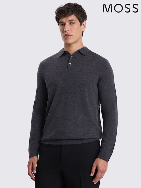 Ogļu pelēks - Regular Moss Merino Wool Blend Long-sleeve Polo Shirt