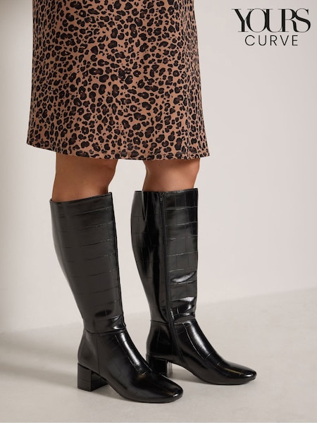 Black - Yours Curve Croc Almond Toe Block Heel Boots In Extra Wide Eee Fit