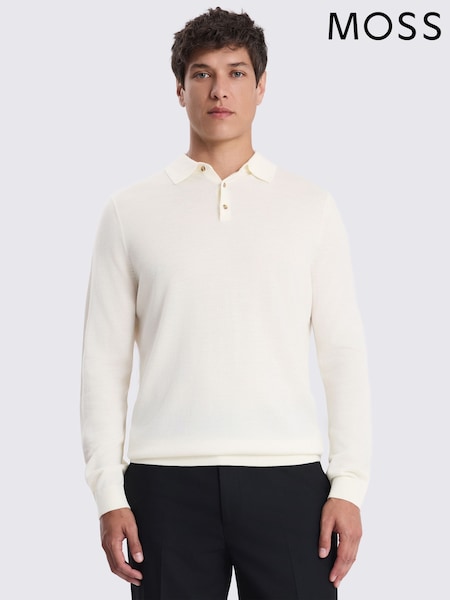 White - Regular Moss Merino Wool Blend Long-sleeve Polo Shirt