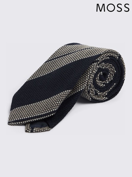 Navy Blue - Regular Moss Italian Wool Blend Textured Stripe Tie