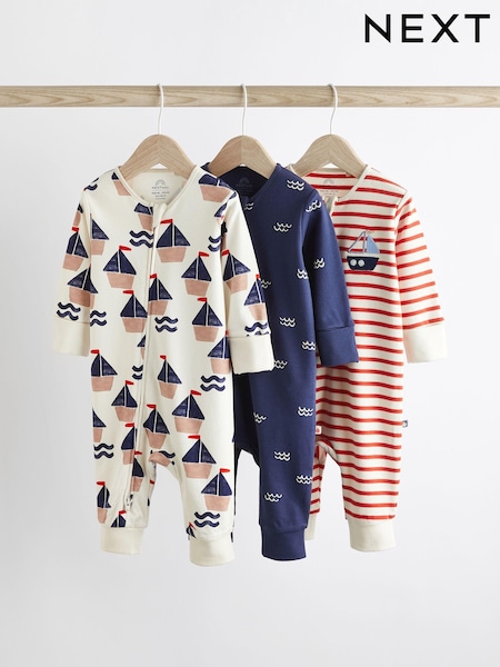 Red/Navy Nautical Baby 100% Cotton Footless Sleepsuits 3 Pack With Zip (0-2yrs) (437179) | €11.50 - €12.50