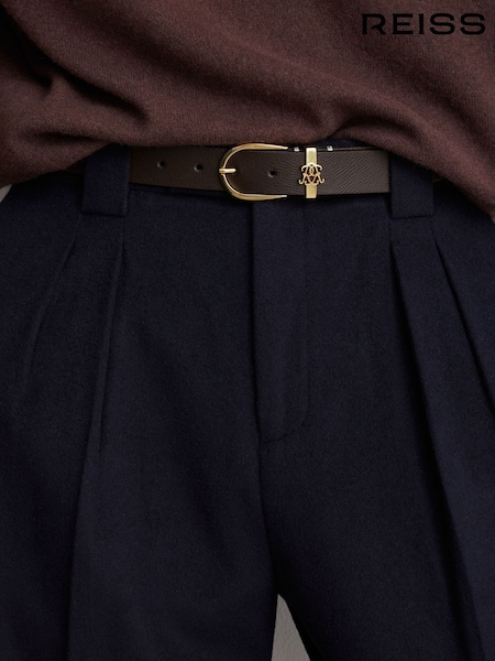 Marrón oscuro - Regular Reiss Frederick Grained-leather Monogram-detail Belt