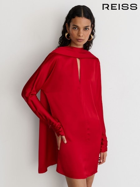 Red - Reiss Ottilie Satin Cape-detail Mini Dress