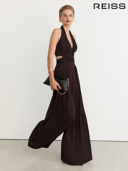 Burgunder - Reiss Lainey Halterneck Pleated Wide-leg Jumpsuit
