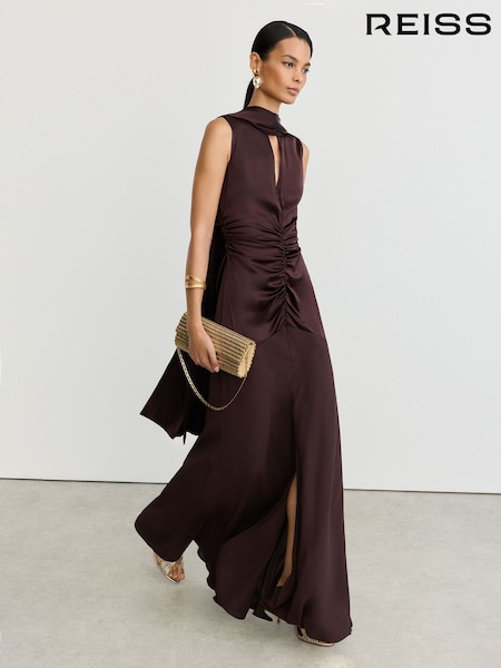 Weintraube Burgunder - Reiss Abi Cape-detail Satin-mix Ruched Maxi Dress