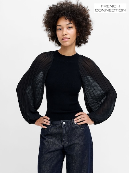 Black - French Connection Krista Mix Pleated Sleeve Blouse