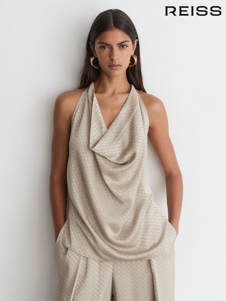 Champagne Neutral - Reiss Dia Jacquard Draped Sleeveless Top