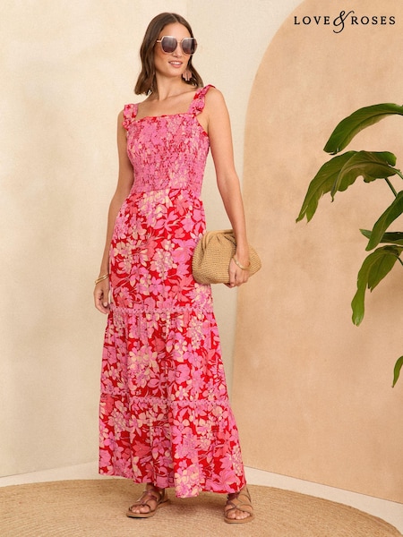 Love & Roses Red Floral Strappy Shirred Maxi Summer Dress (438793) | € 21