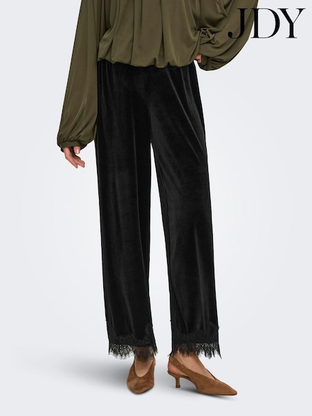 Noir - Jdy Velvet Wide Leg Trousers With Lace Trim