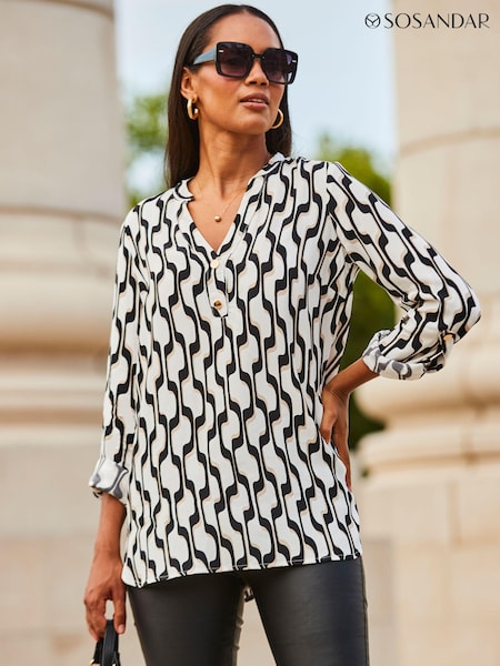 Sosandar Cream Conversational Button Detail Tunic Top (439757) | $41