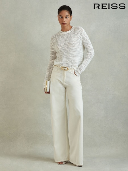 Reiss White Sim Crochet Crew Neck Top (439817) | AED922