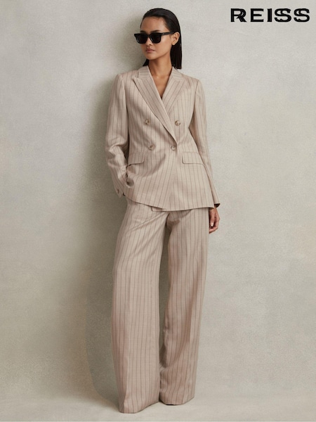 Reiss Neutral Odette Wool Blend Striped Double Breasted Blazer (440022) | 1,970 QAR
