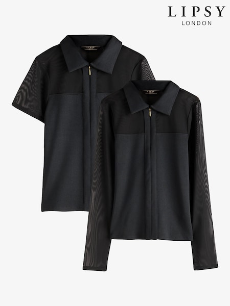 Black - Lipsy Zip Front Jersey Rib Mesh Shirts 2 Pack