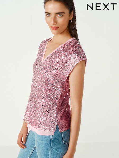 Розовый - Sequin V-Neck Top (441127) | €8