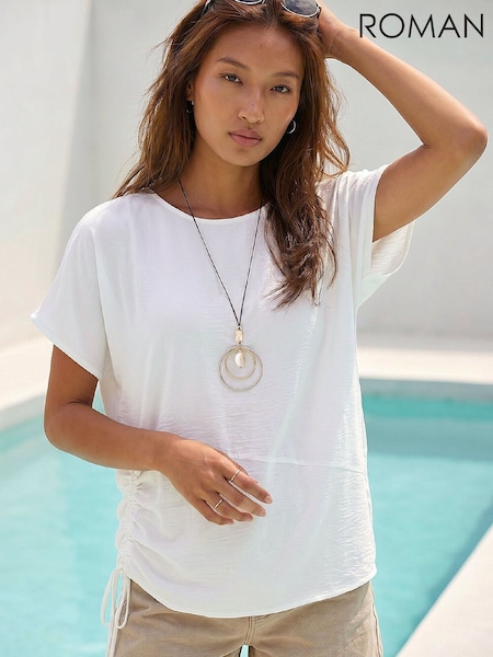 Άσπρο - Roman Side Ruched Necklace Τουνίκ Top