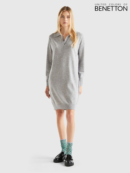 Benetton Grey V-Neck Collared Knit Dress (441951) | €43