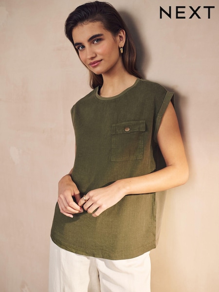 Khaki Green Linen Blend Summer Front Pocket 100% Cotton Top (442430) | €13