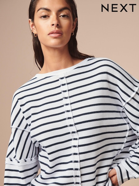 Navy/White Stripe Seam Detail Waffle 100% Cotton Top (442957) | AED25