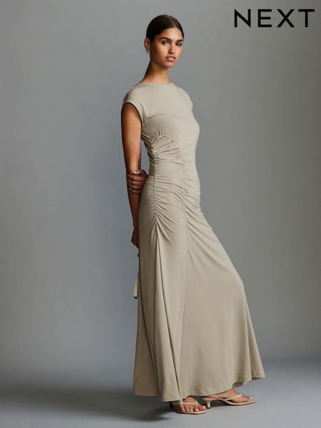 Натуральный песочный - Ruched Cap Sleeve A-Line Maxi Dress (443454) | €11