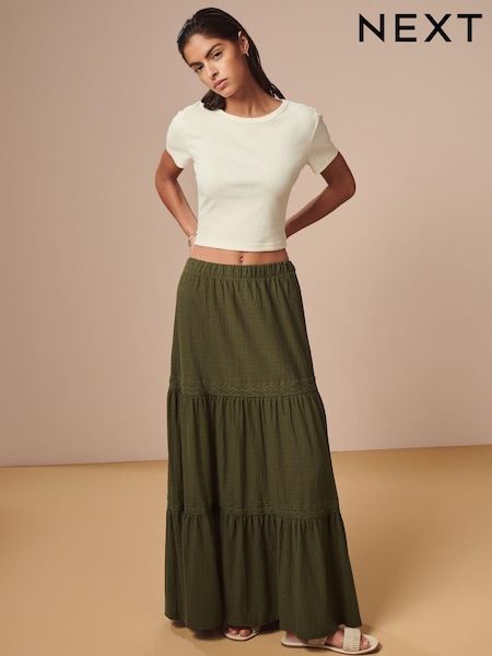 Khaki Green Textured 100% Cotton Maxi Skirt With Crochet Trim (443665) | €16