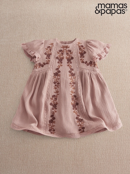 Pink - Mamas & Papas Floral Embroidered Lace Trim Dress