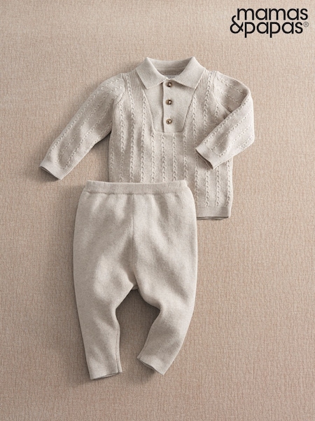 Cream - Mamas & Papas Knitted Polo Collar Jumper & Rib Trousers Set