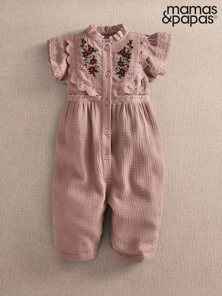Pink - Mamas & Papas Floral Embroidered Romper With Frill Sleeves