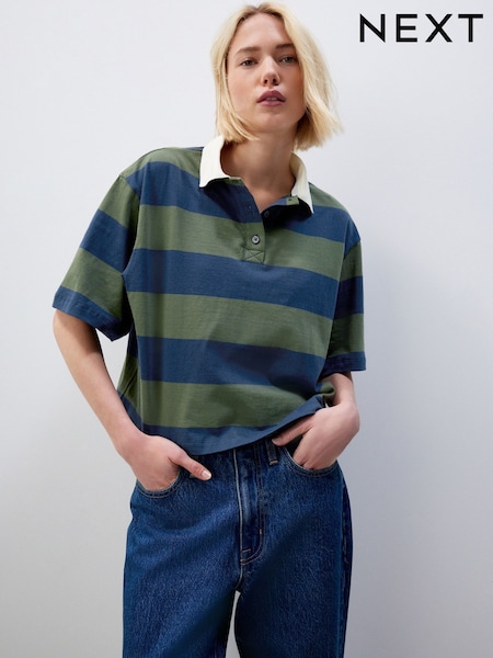 Зеленая в темно-синюю полоску - 100% Cotton Stripe Rugby Polo Shirt (444028) | €17