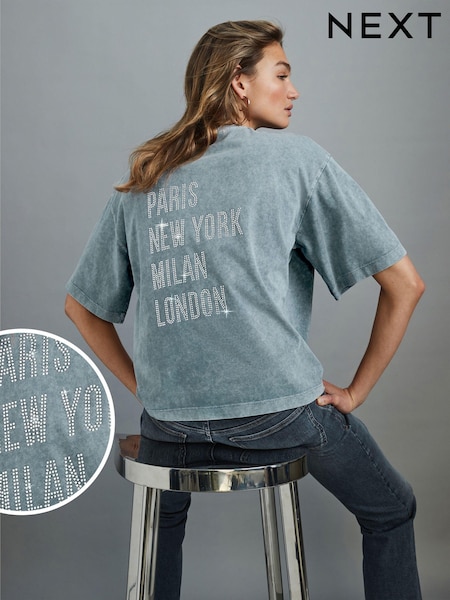 Denim Blue 100% Cotton Short Sleeve Washed Embellished Graphic T-Shirt (444035) | €7