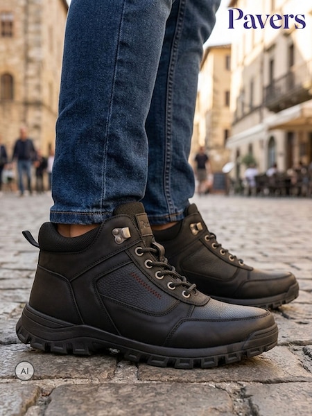 Black - Regular Pavers Wide Fit Leather Lace Up Rugged Boots