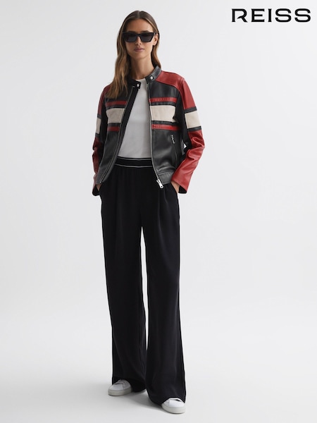 Reiss Black/Red Rae Leather Collarless Zip-Through Jacket (445334) | €280