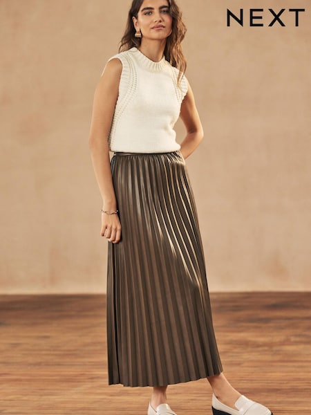 Tan Brown PU Pleated Midi Skirt (445373) | €10