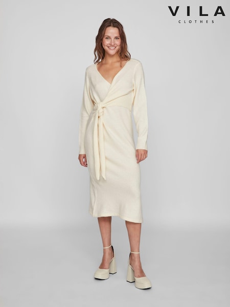 VILA Cream Long Sleeve Knitted Wrap Detail Cosy Jumper Dress (445429) | €27
