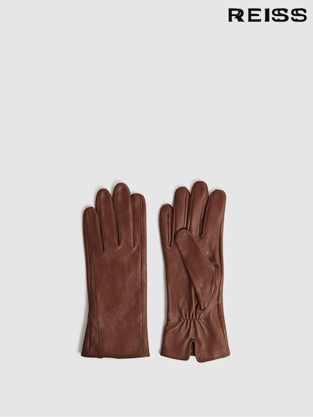 Reiss Tan Giselle Leather Ruched Gloves (445682) | AED418