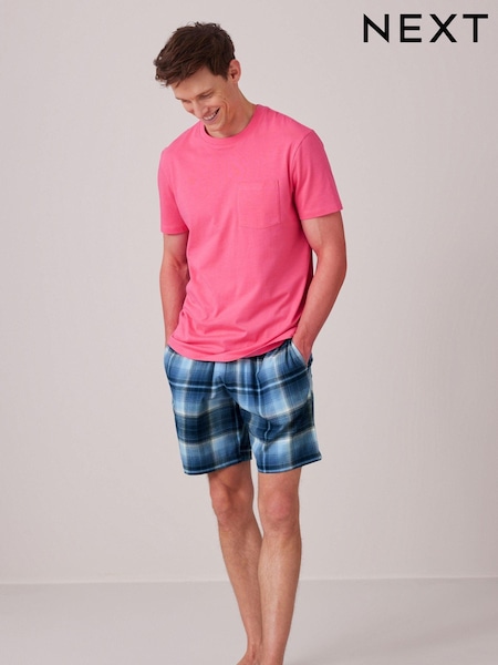 وردي/أزرق كحلي مربعات ناعم - Lightweight 100% Cotton Short Pyjamas Set (445956) | ‏64 ر.ق.