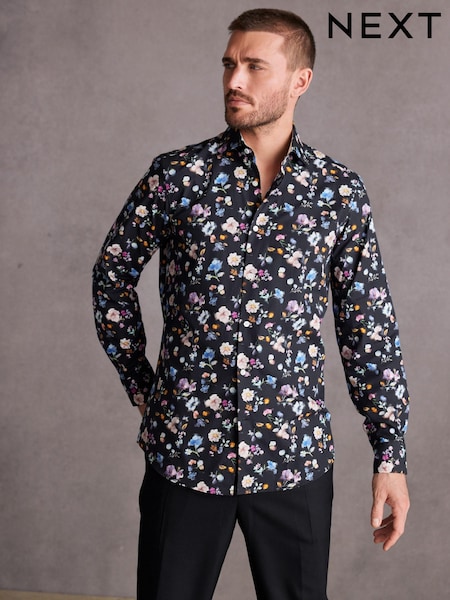 Floral Negru/multicoloră - Normală - Signature Made Cu Țesătură Italiană Imprimată Cămăși (446122) | 175 LEI