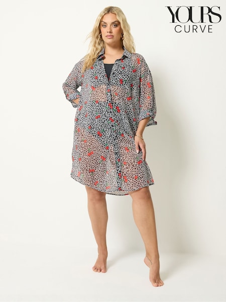 Black - Yours Curve Leopard Cherry Cover Up