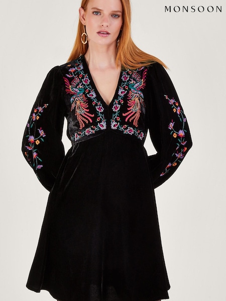 Monsoon Verina Velvet Embroidered Black Dress (446988) | €56