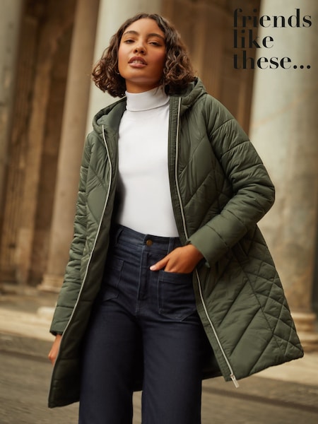 Friends Like These Khaki Green Petite Mid Length Quilted Jacket (447131) | ₪312