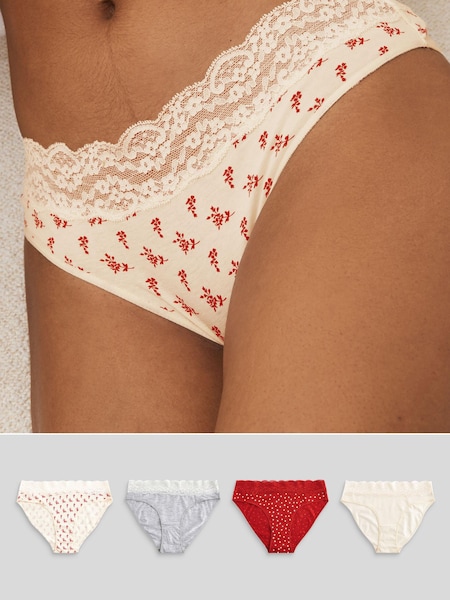 Cream/Grey/Red High Leg Cotton and Lace Knickers 4 Pack (447766) | €11