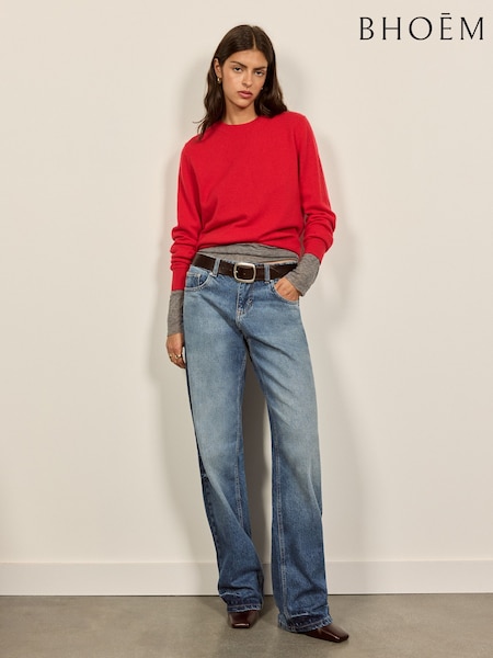 Blue Denim - Low Rise Wide Leg Contrast Wash Jeans