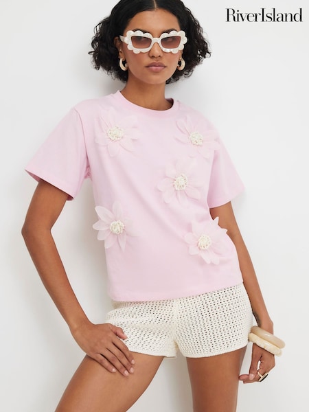 Pink - River Island Short Sleeve Boutique 3d Floral T-shirt