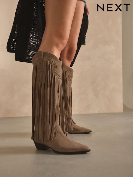 Mink Brown Forever Comfort® Suede Fringe Knee High Western Cowboy Boots (448661) | €63