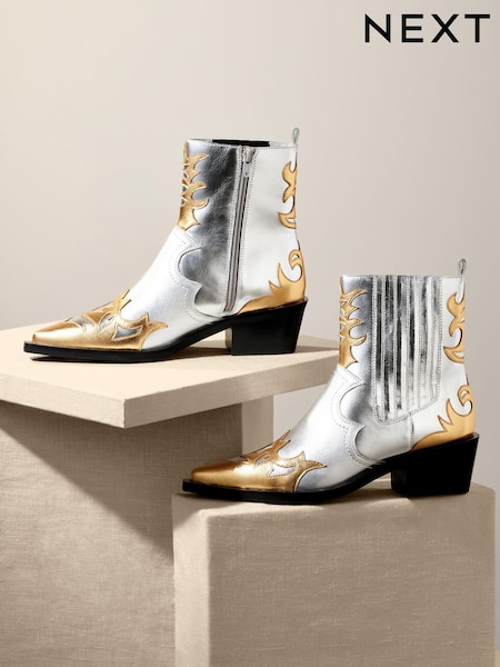 Metallic Premium Leather Ankle Western Cowboy Boots (448781) | 200 QAR
