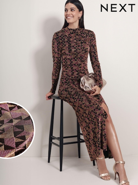 Розовый этнорисунок - Sparkle Long Sleeved Ruched Midi Dress (449046) | €7