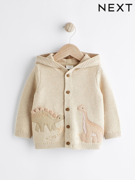 Cream Dinosaur Baby Knitted 100% Cotton Hooded Cardigan (0mths-2yrs) (450618) | €18 - €21