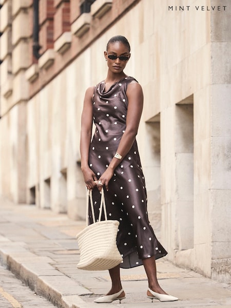 Brown - Mint Velvet Satin Polkadot Midi Dress